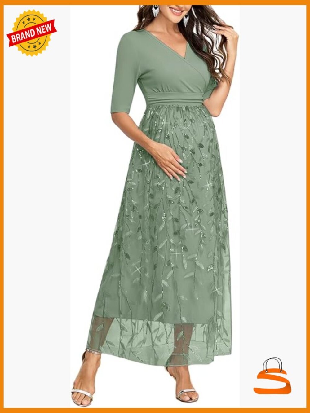 Wrap V Neck Maternity Dress A Line Elbow Sleeve Baby Shower Photoshoot